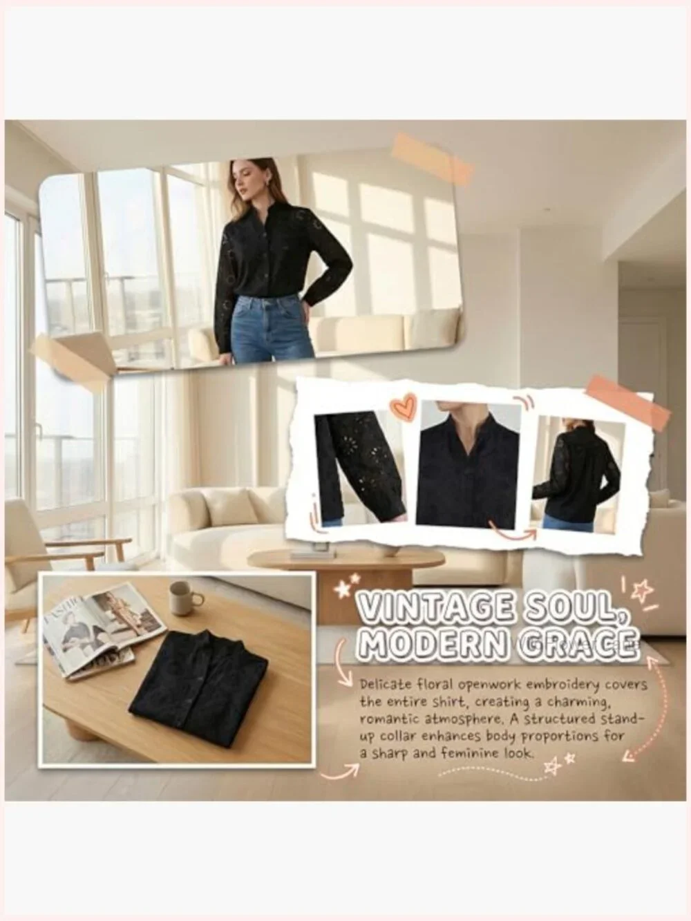 Eyelet Floral Embroidered Blouse Long Sleeve Mock Neck Lace Shirt - Picture 3 of 6